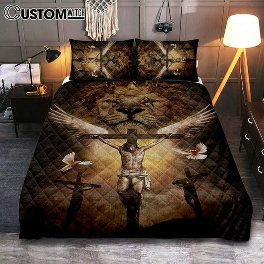 Jesus On The Cross Lion Quilt Bedding Set Prints - Jesus Christ Quilt Bedding Set Art - Christian Cover Twin Bedding Decor