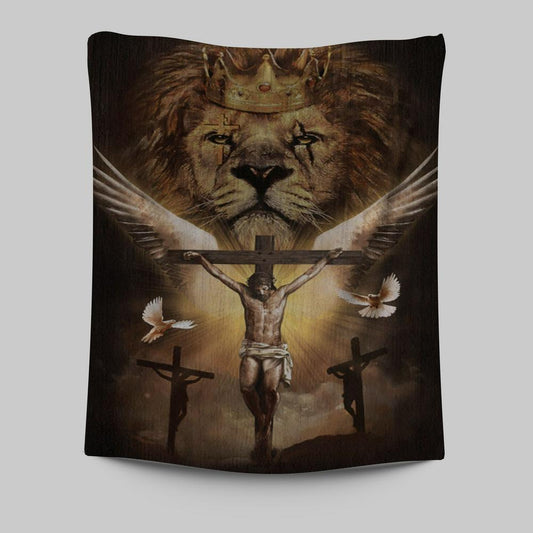 Jesus On The Cross Lion Tapestry Prints - Jesus Christ Tapestry Art - Christian Wall Decor