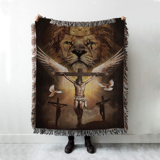 Jesus On The Cross Lion Woven Blanket Prints - Jesus Christ Woven Blanket Art - Christian Boho Blanket