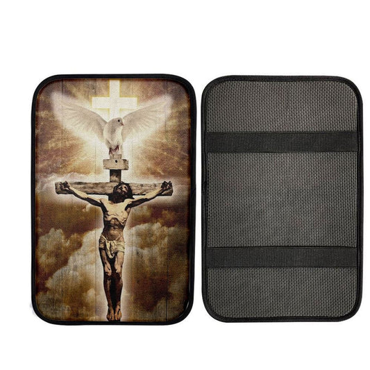 Jesus On The Cross Painting Pretty Dove Cross Car Center Console Cover, Car Armrest Pad, Christian Gift, Armrest Box Mat