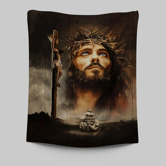 Jesus On The Cross With Crown Of Thorns Tapestry Wall Art