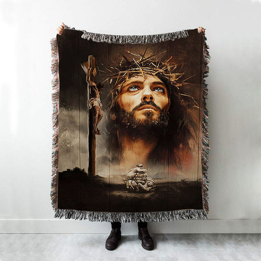 Jesus On The Cross With Crown Of Thorns Woven Throw Blanket