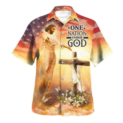 Jesus Open Arms US Flag Cross One Nation Under God Hawaiian Shirt For Men, Christian Hawaiian Shirt, Gift For Christian