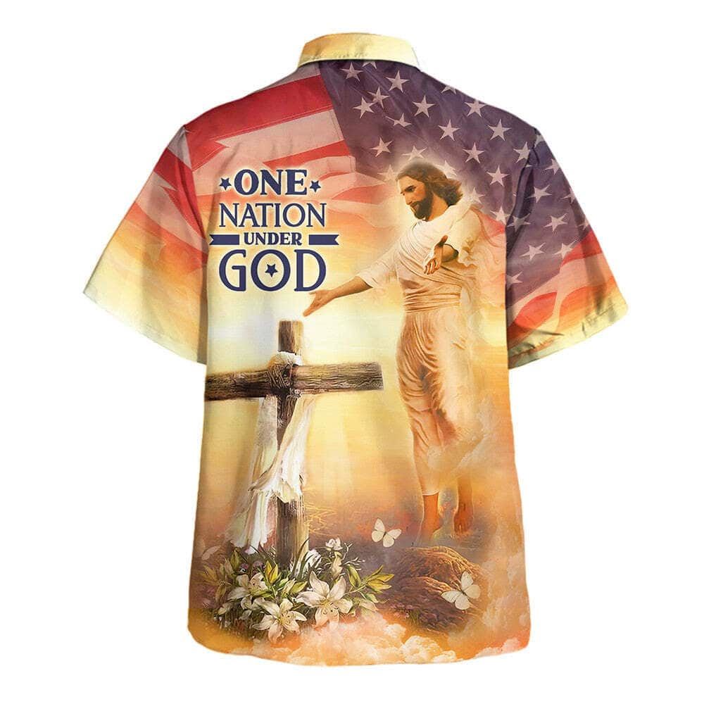 Jesus Open Arms US Flag Cross One Nation Under God Hawaiian Shirt For Men, Christian Hawaiian Shirt, Gift For Christian