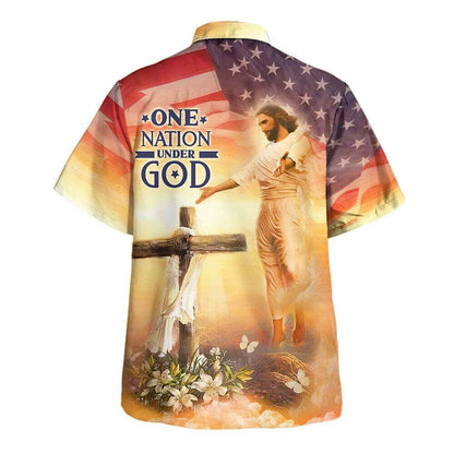 Jesus Open Arms US Flag Cross One Nation Under God Hawaiian Shirt For Men, Christian Hawaiian Shirt, Gift For Christian