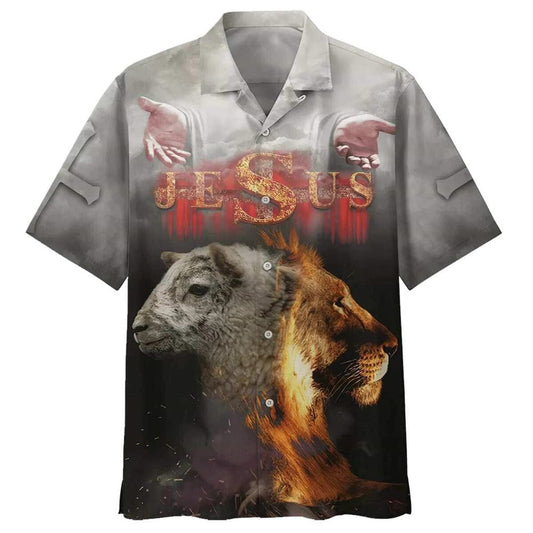 Jesus Open Hand Lion And The Sheep Hawaiian Shirt For Men, Christian Hawaiian Shirt, Gift For Christian