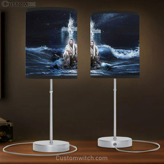 Jesus Outstretched Hands Saves Table Lamb Gift - Horizontal Christian Lamb Gift - Christian Bedroom Decor