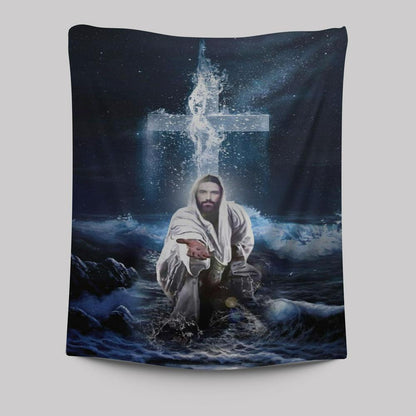 Jesus Outstretched Hands Saves Tapestry Wall Art - Bible Verse Wall Decor - Scripture Wall Decor