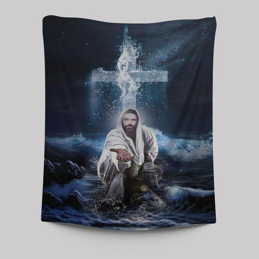 Jesus Outstretched Hands Saves Tapestry Wall Art - Bible Verse Wall Decor - Scripture Wall Decor