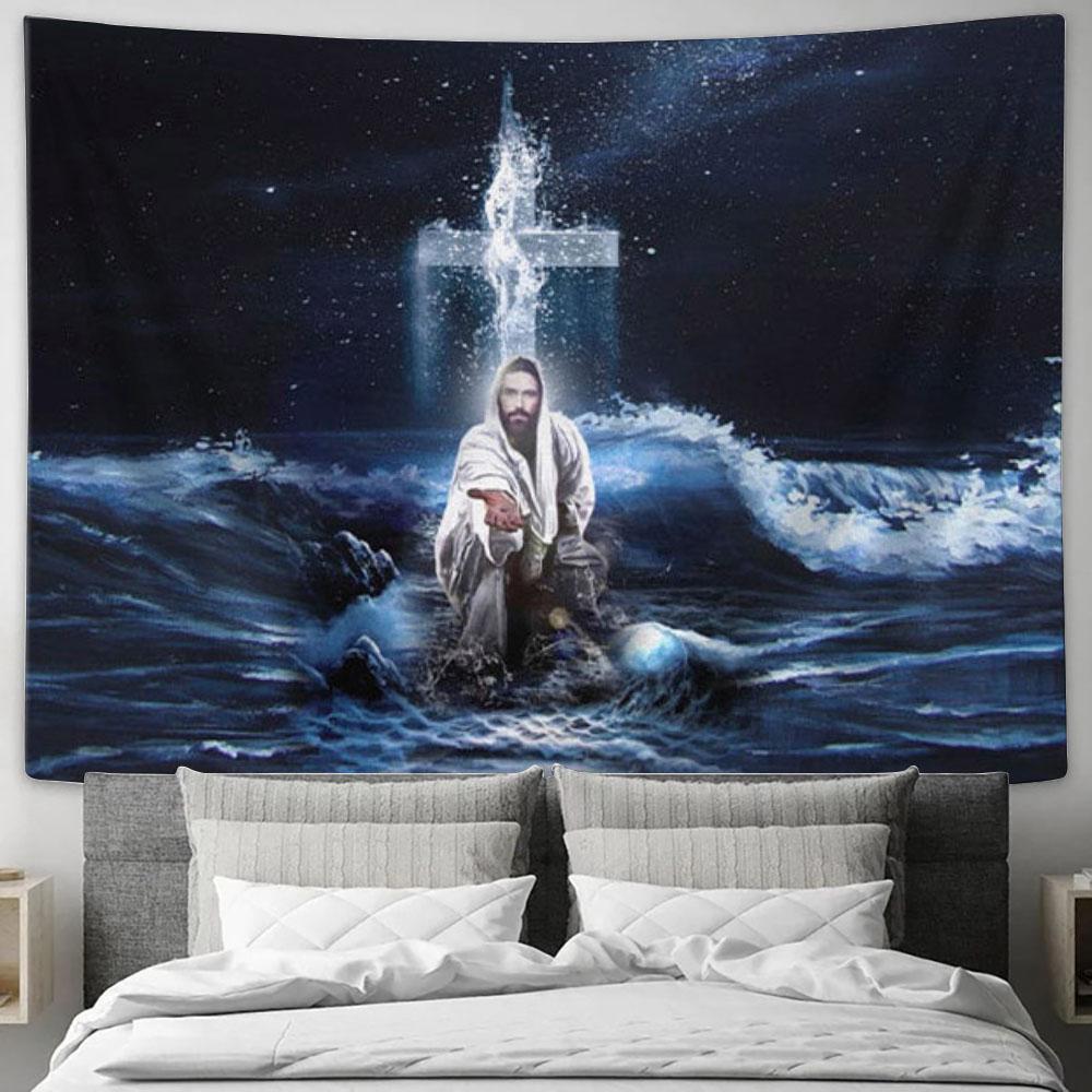 Jesus Outstretched Hands Saves Tapestry Wall Art - Horizontal Christian Wall Art - Christian Wall Decor