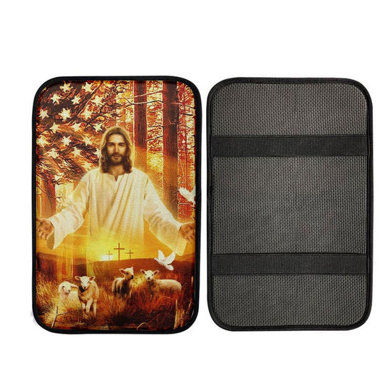 Jesus Painting, American Flag, Lambs Of God, Into The Arms Of Jesus Car Center Console Cover, Car Armrest Pad, Christian Gift, Armrest Box Mat