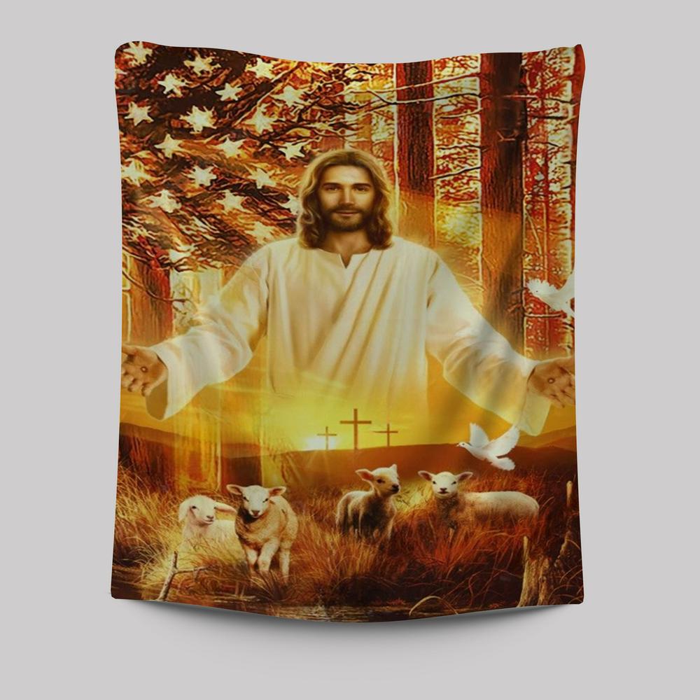 Jesus Painting, American Flag, Lambs Of God, Into The Arms Of Jesus Tapestry