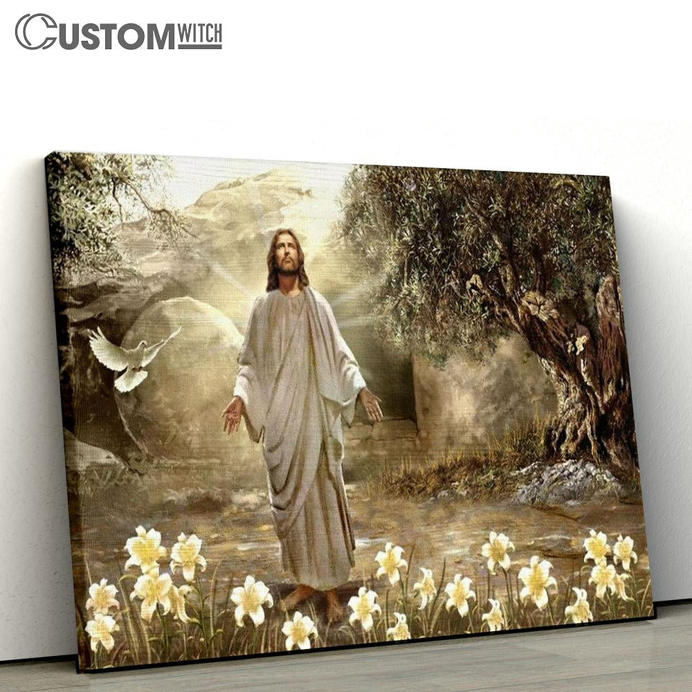 Jesus Painting, Dove Of Peace, Meadow Landscape, A New Day Has Come Canvas Poster