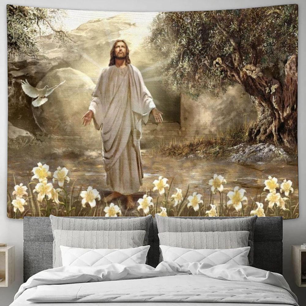 Jesus Painting, Dove Of Peace, Meadow Landscape, A New Day Has Come Tapestry, Tapestries for Living Room Bedroom