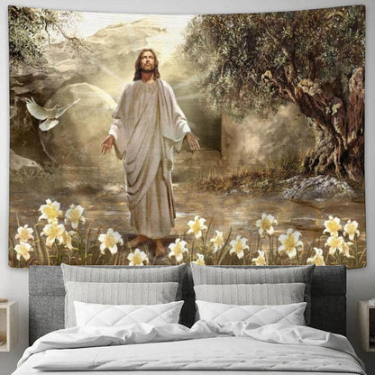 Jesus Painting, Dove Of Peace, Meadow Landscape, A New Day Has Come Tapestry, Tapestries for Living Room Bedroom