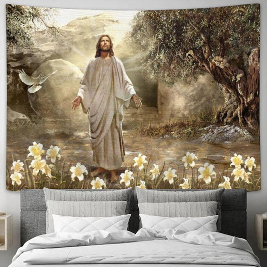 Jesus Painting, Dove Of Peace, Meadow Landscape, A New Day Has Come Tapestry, Tapestries for Living Room Bedroom