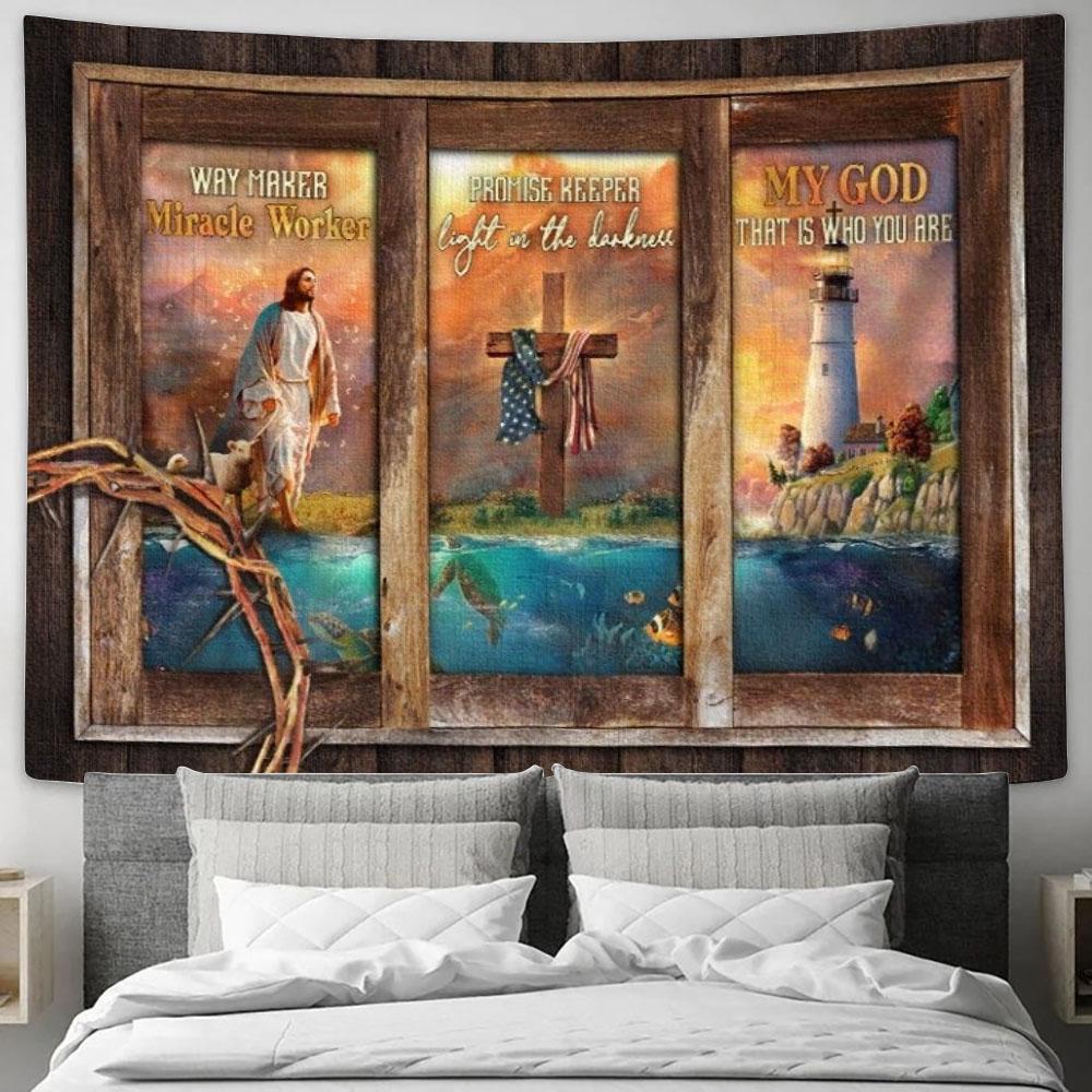 Jesus Painting, Lighthouse Drawing, Cross, Way Maker Tapestry, Tapestries for Living Room Bedroom