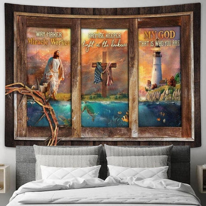 Jesus Painting, Lighthouse Drawing, Cross, Way Maker Tapestry, Tapestries for Living Room Bedroom