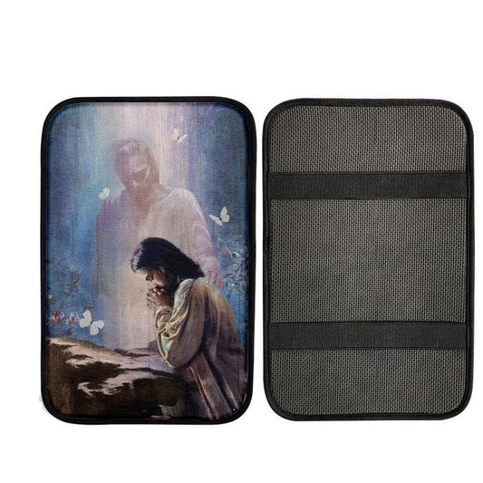 Jesus Painting Praying With God Car Center Console Cover, Car Armrest Pad, Christian Gift, Armrest Box Mat