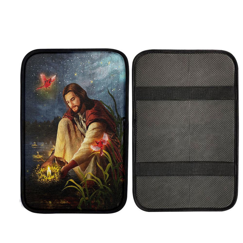Jesus Painting Red Cardinal Advent Candles Car Center Console Cover, Christian Car Armrest Accessories