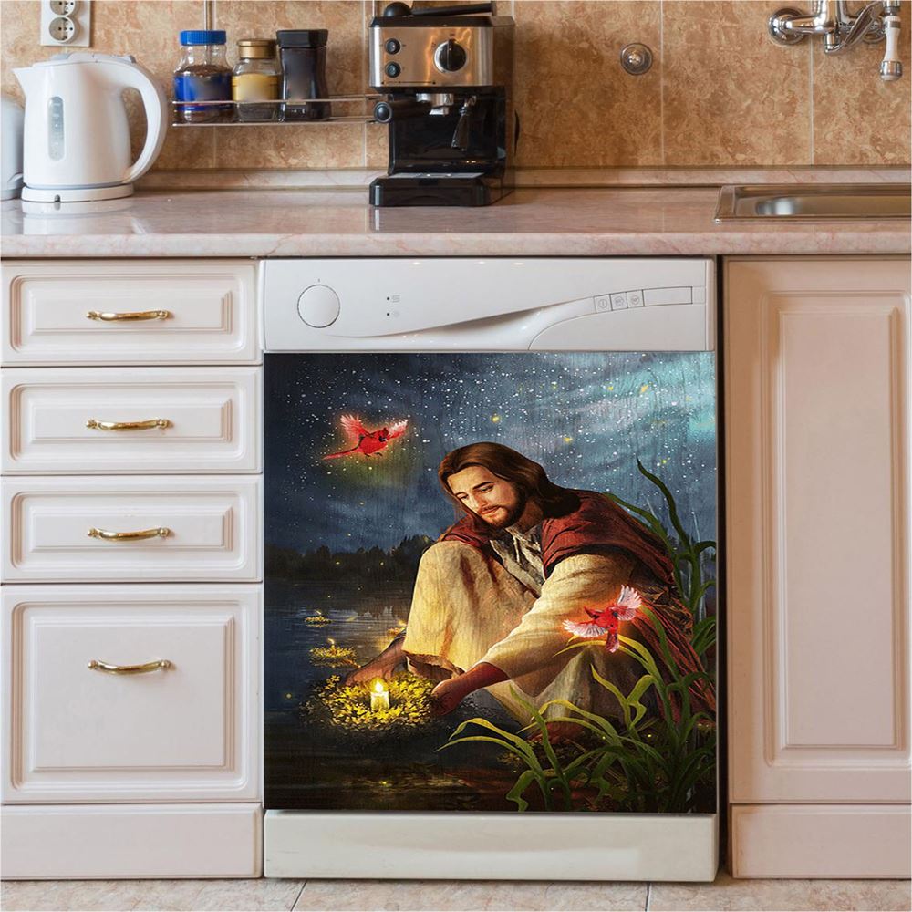 Jesus Painting Red Cardinal Advent Candles Dishwasher Cover, Jesus Portrait Dishwasher Stickers, Christian Kitchen Decor