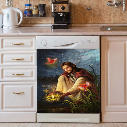 Jesus Painting Red Cardinal Advent Candles Dishwasher Cover, Jesus Portrait Dishwasher Stickers, Christian Kitchen Decor