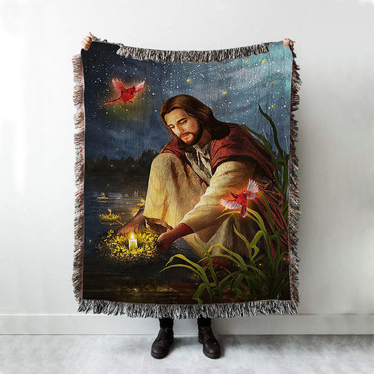 Jesus Painting Red Cardinal Advent Candles Throw Blanket Woven Blanket - Jesus Portrait Woven Blanket Prints - Christian Throw Blanket