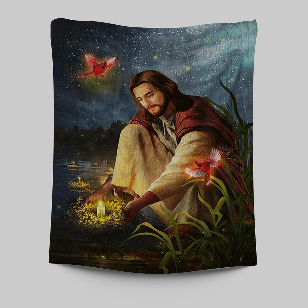 Jesus Painting Red Cardinal Advent Candles Wall Art Tapestry - Jesus Portrait Tapestry Prints - Christian Wall Art