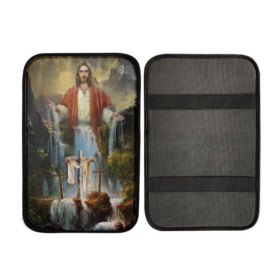 Jesus Painting Waterfall Beautiful Forest Car Center Console Cover, Car Armrest Pad, Christian Gift, Armrest Box Mat
