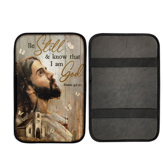 Jesus Painting, White Butterfly, Old Church, Be Still And Know That I Am God Car Center Console Cover, Car Armrest Pad, Armrest Box Mat