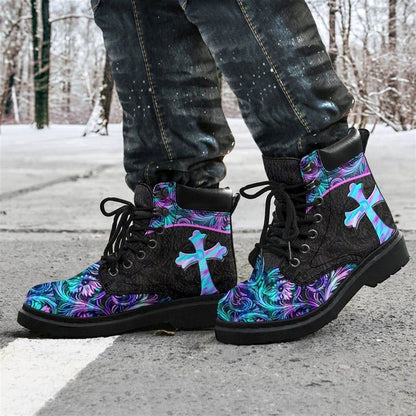 Jesus Pattern Flowers Cross Boots, Christian Lifestyle Boots, Bible Verse Boots, Christian Apparel Boots