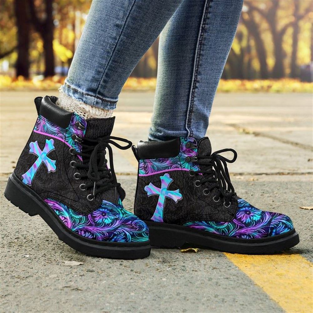Jesus Pattern Flowers Cross Boots, Christian Lifestyle Boots, Bible Verse Boots, Christian Apparel Boots