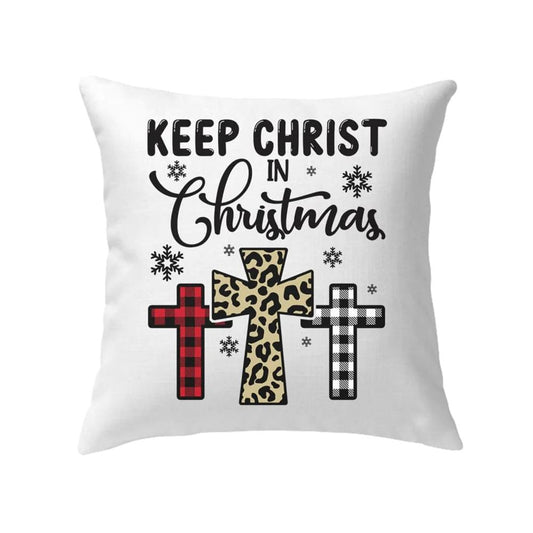Jesus Pillow, Christian, Snowflakes, Three Crosses, Buffalo Plaid Leopard Pillow, Keep Christ in Christmas Pillow, Christmas Throw Pillow