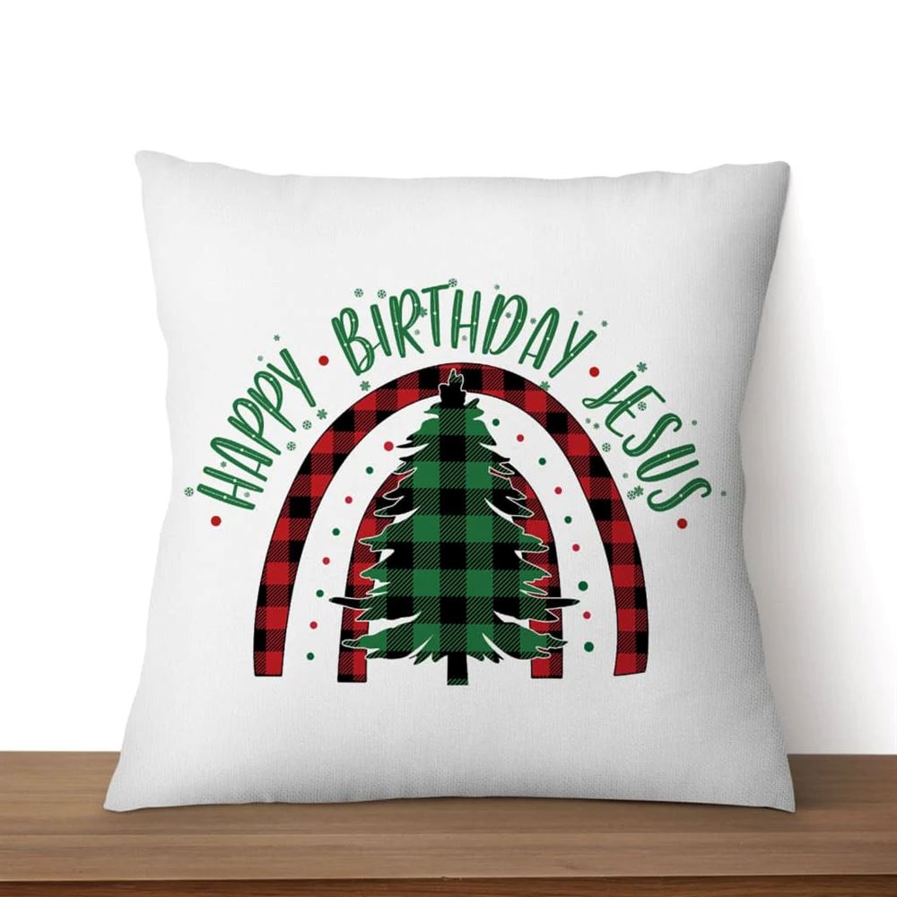 Jesus Pillow, Happy Birthday Jesus Christmas Tree Pillow, Christmas Throw Pillow, Inspirational Gifts