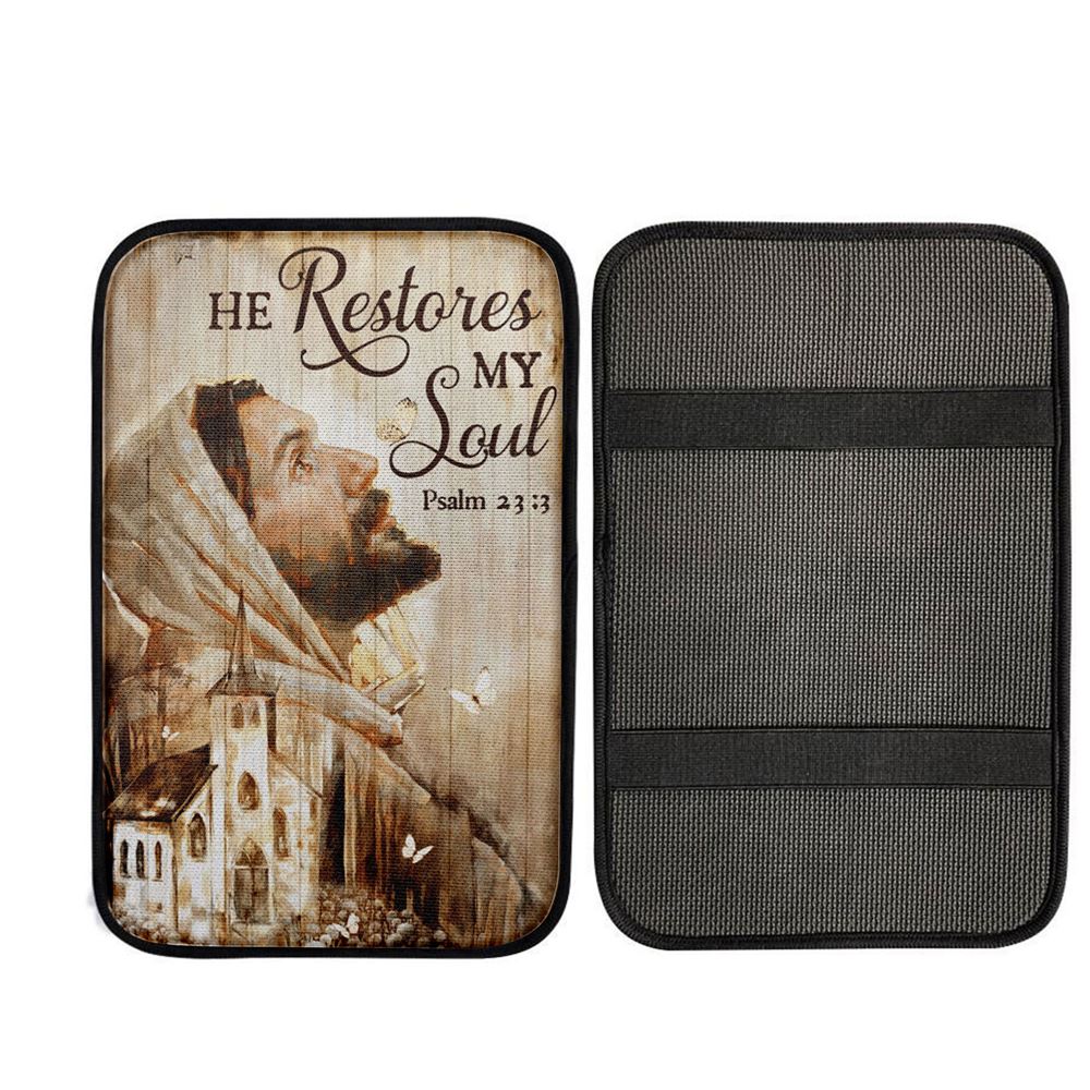 Jesus Portrait He Restores My Soul Car Center Console Cover, God Car Armrest Accessories