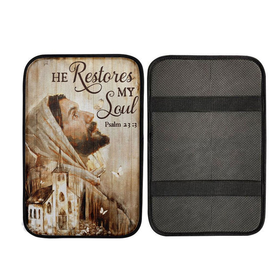 Jesus Portrait He Restores My Soul Car Center Console Cover, God Car Armrest Accessories
