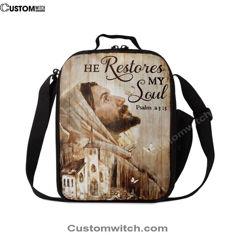 Jesus Portrait He Restores My Soul Lunch Bag, Christian Lunch Box For School, Picnic