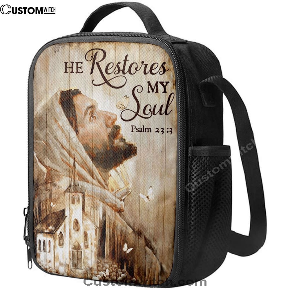 Jesus Portrait He Restores My Soul Lunch Bag, Christian Lunch Box For School, Picnic