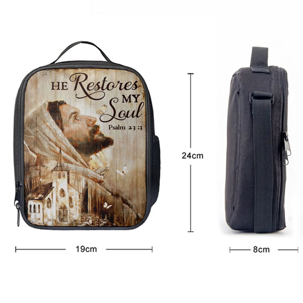 Jesus Portrait He Restores My Soul Lunch Bag, Christian Lunch Box For School, Picnic