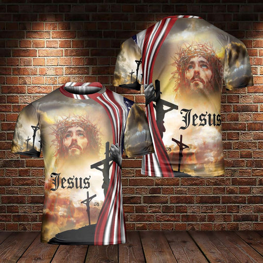 Jesus Portrait Jesus Cross American Flag One Nation Under God All Over Print 3D T Shirt For Men And Women, Christian T-Shirt