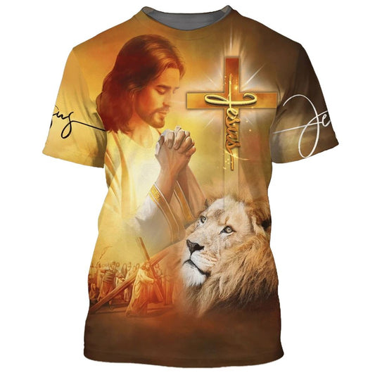 Jesus Pray And The Lion All Over Print 3D T Shirt For Men And Women, Christian T-Shirt, Faith Shirt