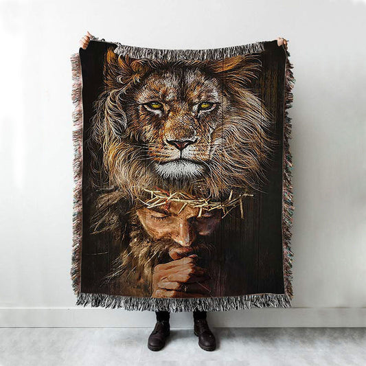 Jesus Pray Crown Of Thorn Lion Throw Blanket Woven Blanket - Jesus Portrait Woven Blanket Prints - Christian Throw Blanket