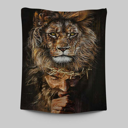 Jesus Pray Crown Of Thorn Lion Wall Art Tapestry - Jesus Portrait Tapestry Prints - Christian Wall Art