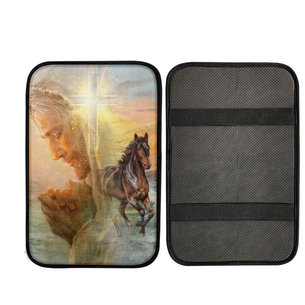 Jesus Pray For Healing Horse Cross Symbol Car Center Console Cover, Car Armrest Pad, Christian Gift, Armrest Box Mat