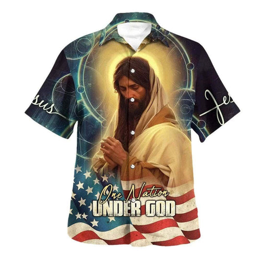 Jesus Pray One Nation Under God American Flag Hawaiian Shirt For Men, Christian Hawaiian Shirt, Gift For Christian
