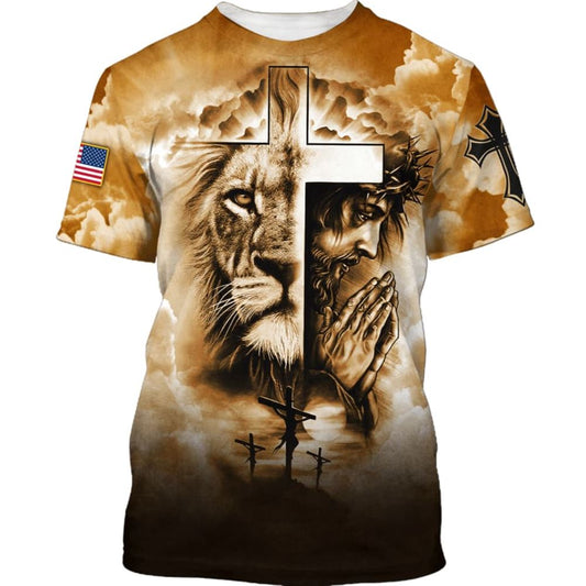 Jesus Prayer And The Lion Of Judah All Over Print 3D T Shirt For Men And Women, Christian T-Shirt, Faith Shirt
