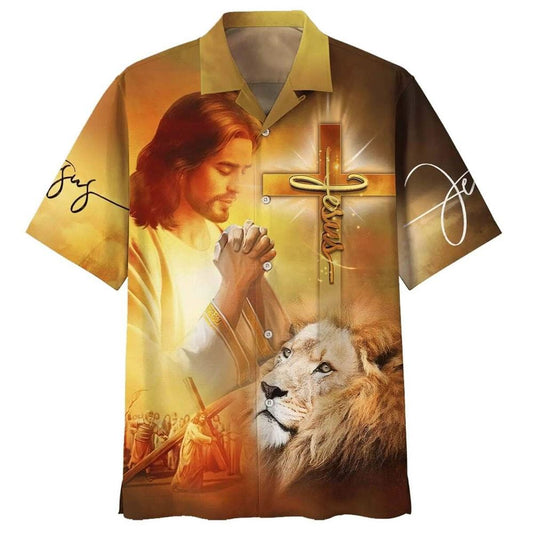 Jesus Prayer Lion Cross Christian Faith Hawaiian Shirt For Men, Christian Hawaiian Shirt, Gift For Christian