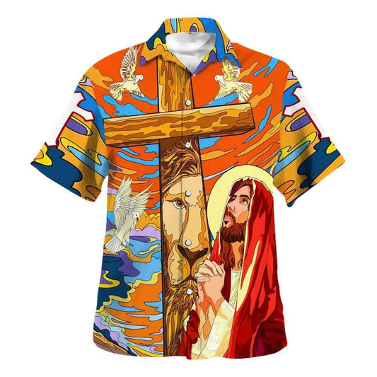 Jesus Prayer Lion Cross Dove Christian Hawaiian Shirt For Men, Christian Hawaiian Shirt, Gift For Christian