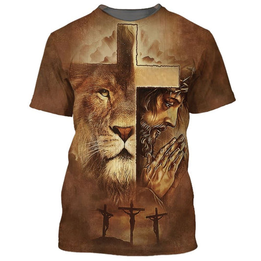 Jesus Prayer Lion Of Judah Cross All Over Print 3D T Shirt For Men And Women, Christian T-Shirt, Faith Shirt