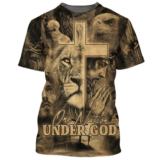 Jesus Prayer Lion One Nation Under God All Over Print 3D T Shirt For Men And Women, Christian T-Shirt, Faith Shirt